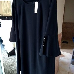 NWT 1X Nina Leonard Black Cocktail Dress with Pearl accent